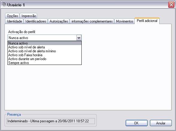 - A aba Perfil adicional permite criar um perfil alternativo de utilizador para permitir ou proibir o acesso. Podem-se entender como configurações condicionais das autorizações próprias do utilizador.