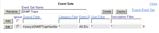 Conjuntos SNMP Nota: Crie um conjunto de eventos que inclua KaseyaSNMPTrapHandler como a origem. Use asteriscos * para os outros critérios se você não deseja filtrar ainda mais os eventos.