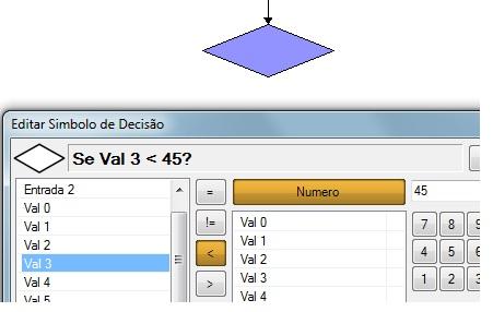 6. Ao arrastar o bloco de comando decisão abrirá uma caixa de diálogo com os sensores e chaves disponíveis para atribuir comparação de diversas formas possíveis: a) Fazer leitura do sensor/chave