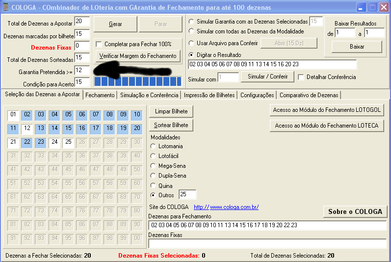 Para gerar mais volantes jogando 20 números você verá apenas mudar essa marcação GARANTIA PRETENDIDA como você pode ver na imagem abaixo.
