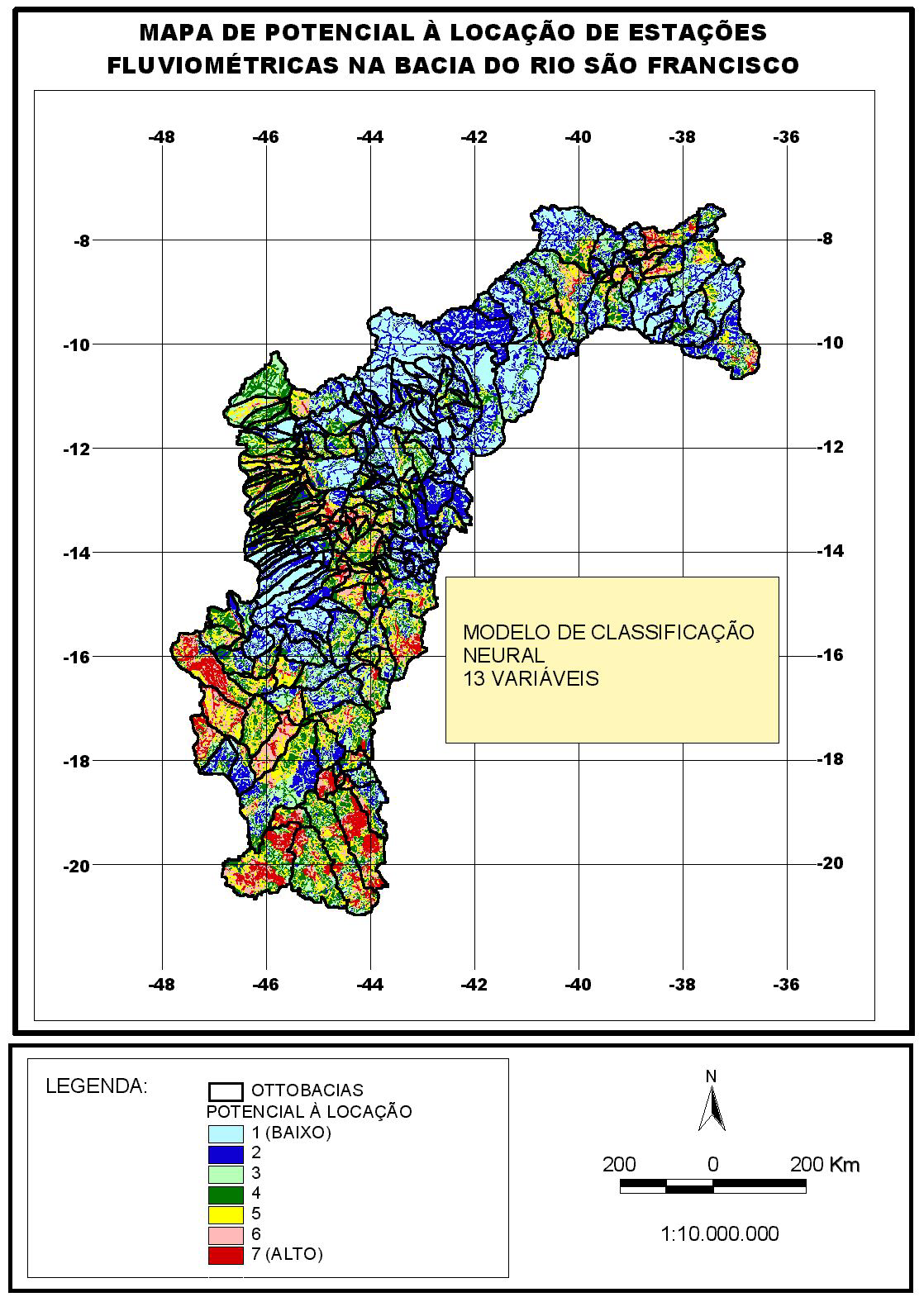 Figura 2 Mapa de potencial à locação de estações fluviométricas, resultante da aplicação da técnica estatística de