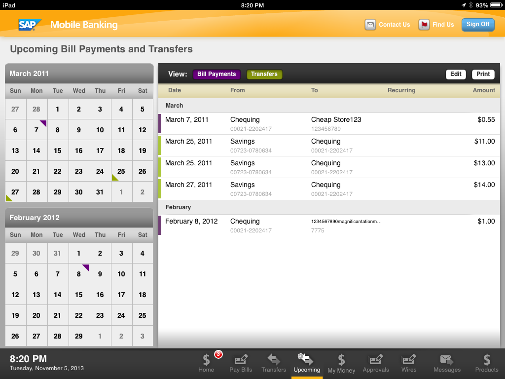 SAP Commercial Mobile Banking Transaction Calendar Provide event-based view of scheduled money movements (wire, ACH, bill payment) across the accounts Selecting the event from the