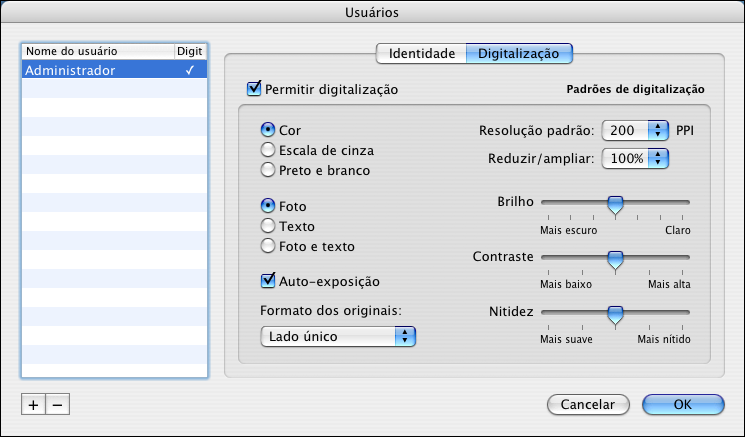 DIGITALIZAÇÃO 111 PARA CONFIGURAR CAIXAS DE CORREIO DE DIGITALIZAÇÃO 1 Selecione a opção Usuários no menu Servidor. 2 No painel Identidade, clique em + para configurar uma nova caixa de correio.