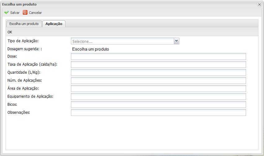 Figura 3 - Escolhendo o produto [APLICAÇÃO] Na figura 3, temos a tela onde se adiciona o produto à receita agronômica, utilizemos agora a aba Aplicação siga os itens: Observações: 1.