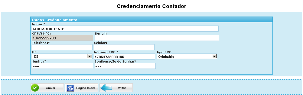 6 1.6 Credenciamento Contador O Contador deve inserir o CPF ou o CNPJ, que tenha suas informações no banco de dados do município deve informar o código de imagem e clique no ícone.