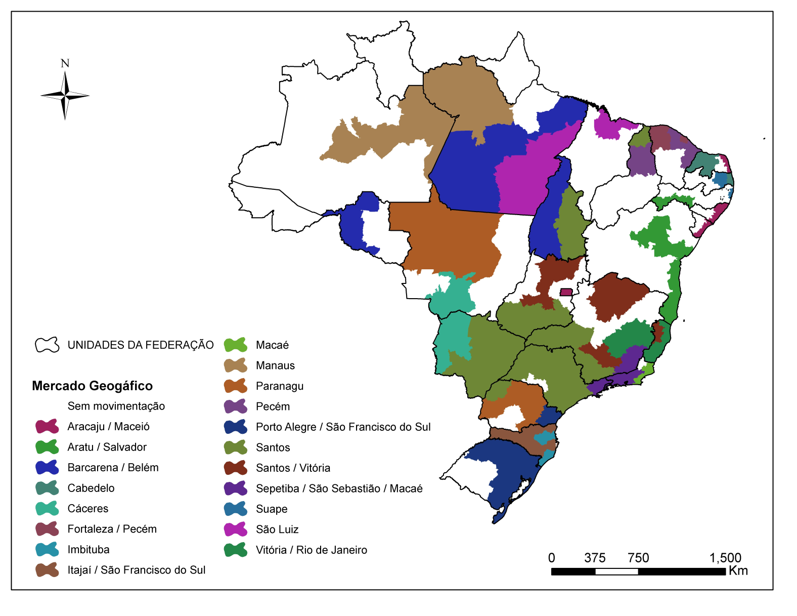 Figura 4 Mercados Geográficos para Granéis Líquidos 2009 a 2012 Elaboração dos autores. Observe que, para granéis líquidos, há um número considerável de mesorregiões sem movimentações.