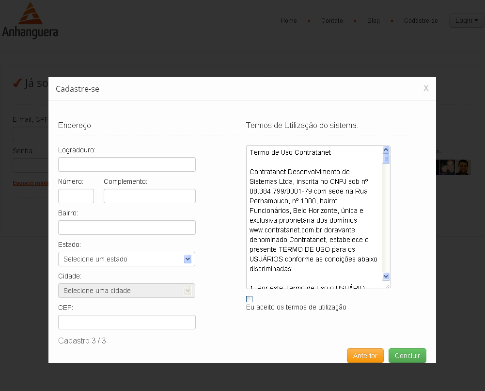 6) Preencha as informações solicitadas, leia o Termo de utilização do sistema e clique no box Eu