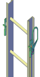Escada extensível em fibra de vidro de 10m de altura com sistema de ancoragem nas laterais para linha de vida móvel através de mosquetões tipo gancho.