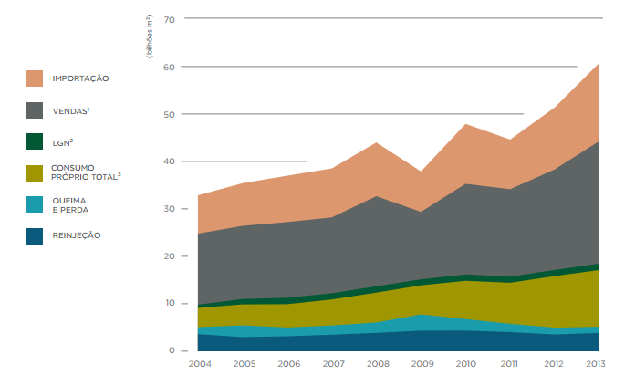 7.3 - Informações sobre produtos e serviços relativos aos segmentos operacionais Evolução do balanço do Gás Natural no Brasil - 2004-2013 (bilhões de m³/ano) Fonte: Anuário Estatístico 2014 - ANP