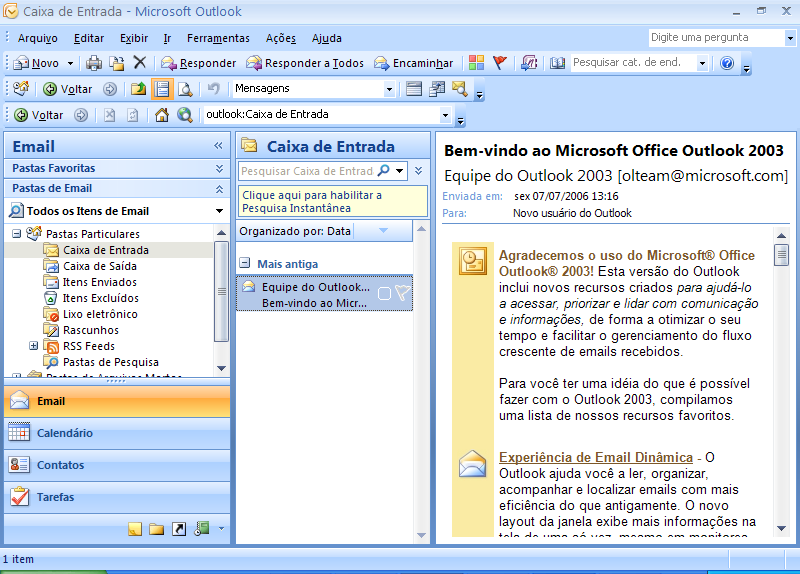 JANELA PRINCIPAL DO OUTLOOK Temos abaixo a janela principal do Microsoft Outlook. 1 2 4 3 5 6 7 8 9 1. Barra de Título: Mostra a seção de trabalho atual, onde o usuário se encontra. 2. Barra de menu: Menu principal do Outlook.