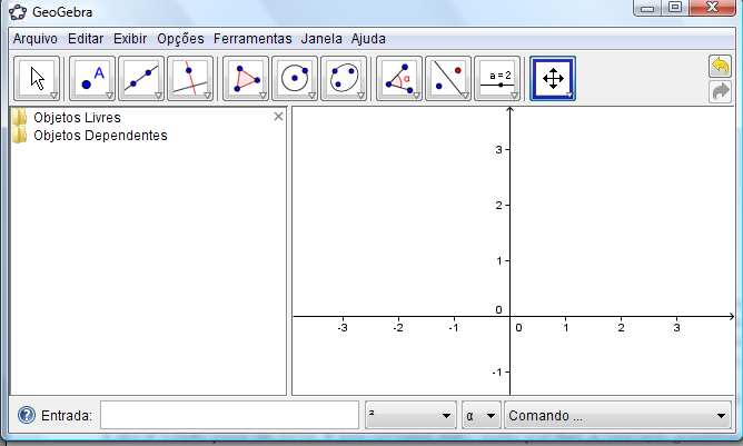 Figura 1 - Tela inicial do GeoGebra A Interface do software é constituída de uma janela inicial (figura acima) que se divide em uma área de trabalho (à direita - que referiremos também, às vezes,