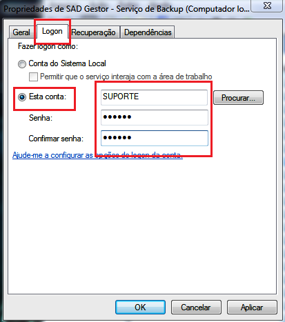 2 Configurar Serviço no Windows Na aba Logon escolha a opção