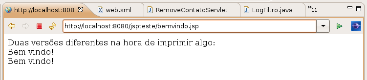 4) Agora, vamos mapear todos os JSPs para executarem primeiro esse filtro: <filter> <filter-name>logfiltro</filter-name> <filter-class>br.com.caelum.servlet.filtro.logfiltro</filter-class> </filter> <filter-mapping> <filter-name>logfiltro</filter-name> <url-pattern>*.