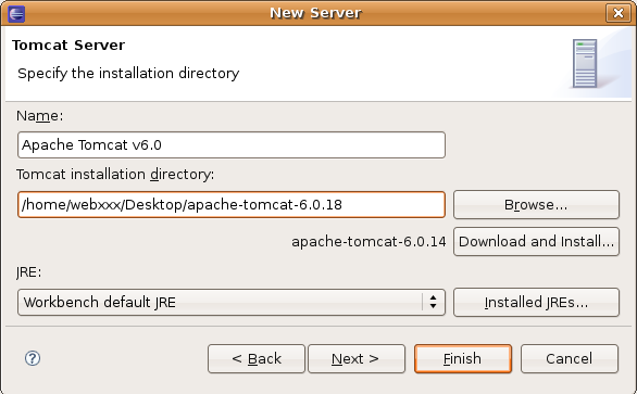 5) Na próxima tela, selecione o diretório onde você descompactou o Tomcat e clique em Finish: 6) Por padrão, o WTP gerencia todo o Tomcat para nós e não permite que configurações sejam feitas por