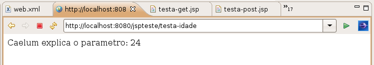 <url-pattern>/testa-idade</url-pattern> </servlet-mapping> 5) Crie um arquivo chamado testa-get.jsp: <html> <body> <a href="/jspteste/testa-idade?
