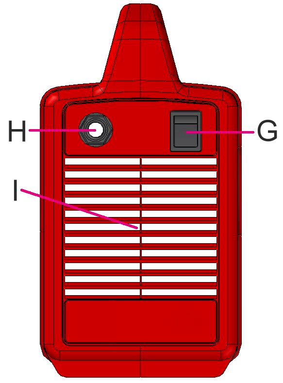 baixa corrente. Quando o eléctrodo é levantado da peça o arco TIG começa. C. LED Térmico: Este indicador ligar-se-á quando a máquina estiver sobreaquecida e a saída da máquina estiver desactivada.