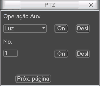 Na tela exibida na figura Acionamento, clique no botão Próx. Página três vezes, a interface será exibida conforme a figura Menu da dome. Clique no botão Menu para acessar o menu da dome.