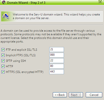 Domain Wizard 6. Verifique ou altere as portas de serviço FTP apresentadas na figura Portas FTP e clique em Next>>para prosseguir; Portas FTP 7.