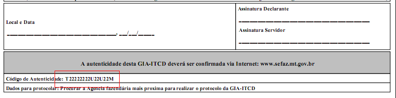 Informar o código de autenticidade da GIA ITCD ou Declaração, e clicar no botão Pesquisar: Os dados da GIA ITCD-e ou Declaração passam a ser visualizados, e disponibilizados para impressão,