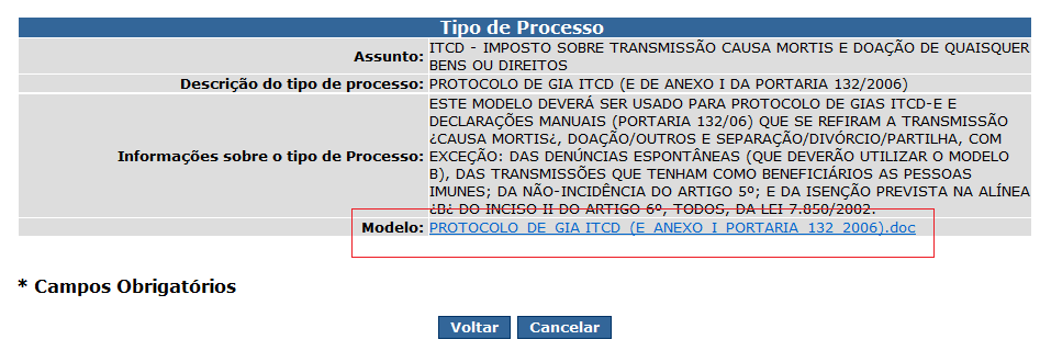 Clique sobre o nome do processo para ler as informações sobre o tipo de processo e verificar para quais casos deve ser utilizado: Após ter