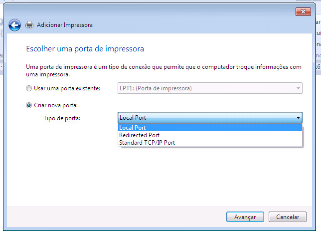 À esquerda, selecione a opção Criar nova porta: ; Em seguida, mais ao centro, escolha a opção Local Port.
