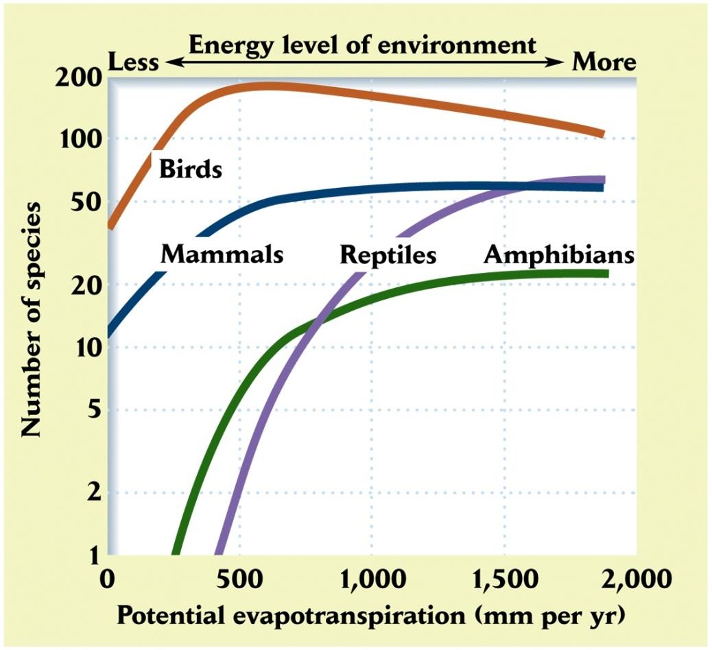 A diversidade como função da entrada total de energia nos sistemas ecológicos O nível de evapotranspiração potencial (PET), que associa a radiação solar e a temperatura, é um bom previsor