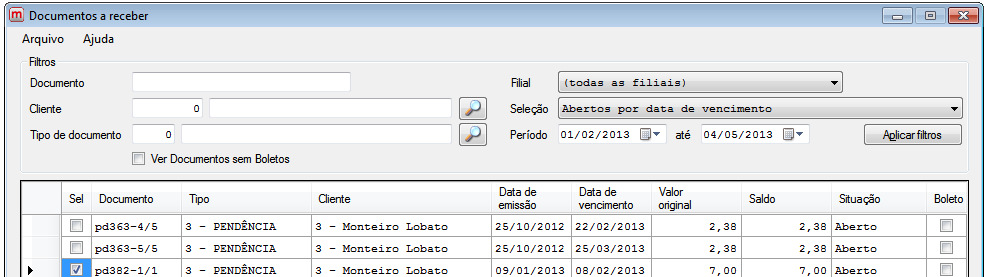 Geração de Boletos Acessar o menu Financeiro Documentos a Receber