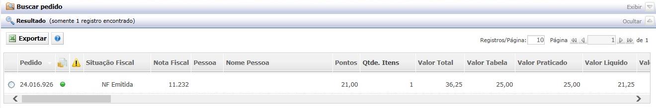 Depois de alguns minutos, ao acessar novamente a tela de Consulta de pedidos, o pedido estará faturado.