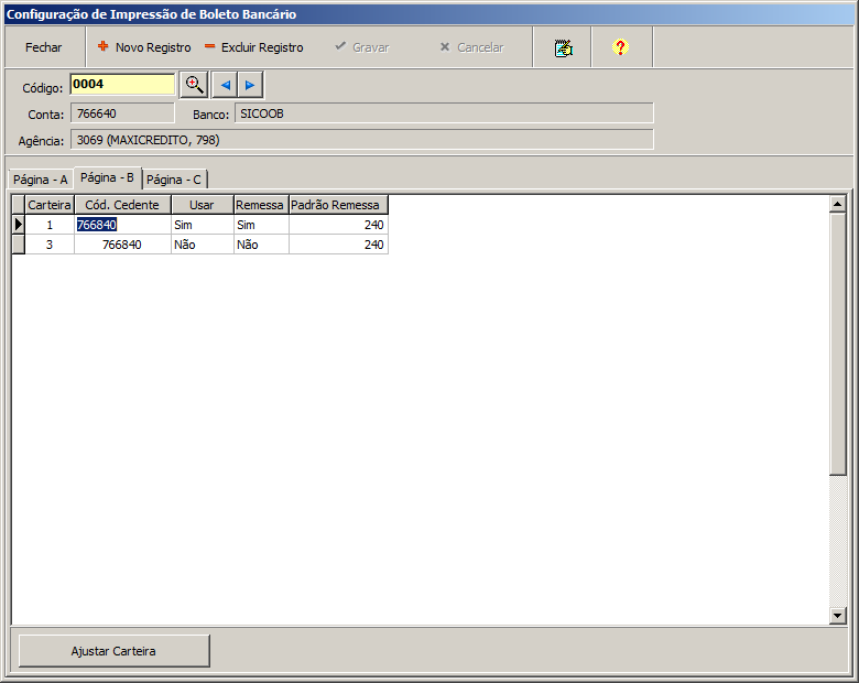 3.3) Página-B: Aqui será informado as informações das carteiras. Esta informação deve ser recuperada junto ao banco. Verifique a Janela da Figura-06. 3.3.a) Carteira: Código da Carteira pode ser 1 ou 3 3.