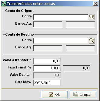 3.2.3. Transferência entre Contas Nesta opção é possível fazer uma transferência de valores entre as contas bancárias cadastradas no sistema.