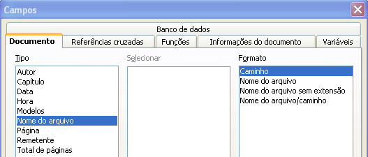 Figura 4: Inserir um campo Modificado em usando a aba Informações do documento na caixa de diálogo Campos Figura 5: Inserindo um campo Nome do arquivo usando a aba Documento da caixa de diálogo