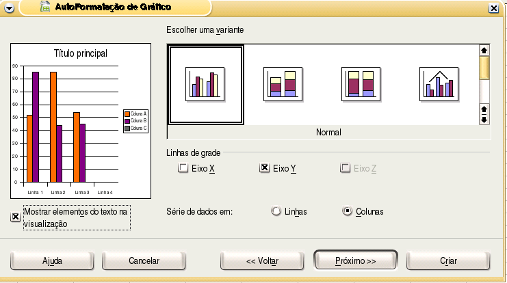 Figura 8.14: Inserindo gráficos 2 4. Nessa caixa, é possível escolher o tipo do gráfico e a ordem dos dados: eles podem ser exibidos em linhas ou em colunas.