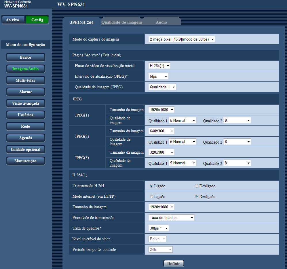 9 Exibição do menu de configuração a partir de um PC 9.3 Da janela do menu de configuração A M B C D E F G H N I J K L Botão [Config.] Exibe a página Config.. Botão [Ao vivo] Exibe a página Ao vivo.