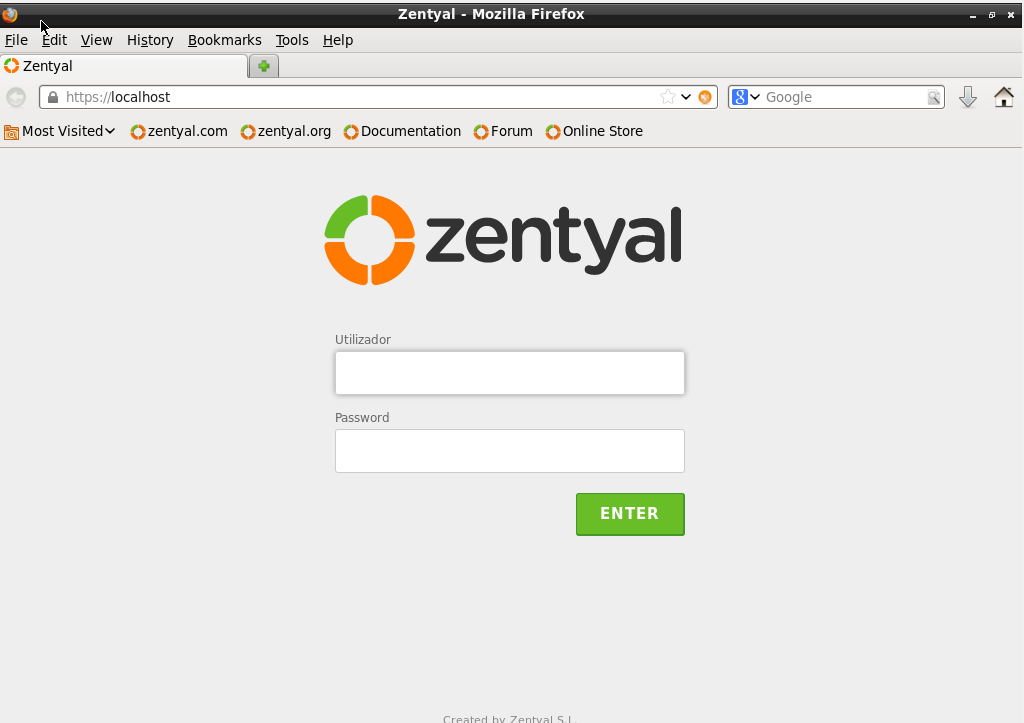 Iniciar o Zentyal Para iniciar o interface do Zentyal ir ao brower e escrever o