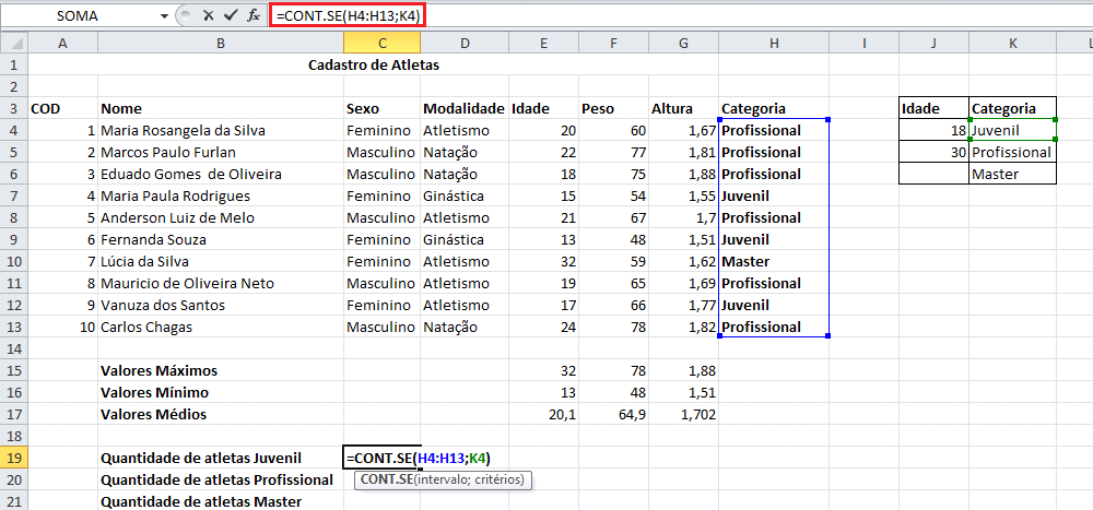 Temos agora na coluna J a referência de idade, e na coluna K a categoria.