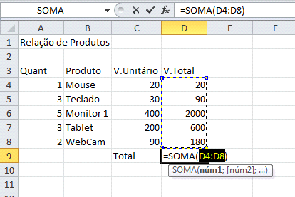 Para calcular o total a função a ser utilizada é a SOMA.