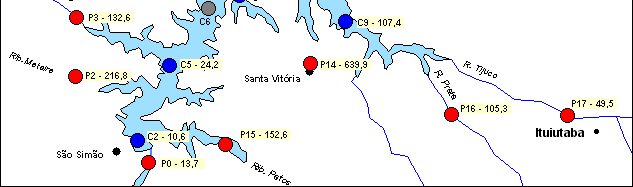 O cartograma ao lado representa as concentrações de fósforo total nos principais tributários e no reservatório em janeiro de 2002, quando foi anotada uma extensa floração de cianobactérias no