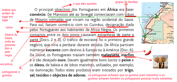 equivalência vocabular e à associação palavra-imagem, seguida da extração da informação central do texto. Fonte: História 8, Texto Editora.