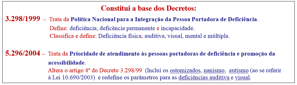 A promulgação da Lei Brasileira da Inclusão, em tramitação, exigirá a revogação e substituição dos conceitos contidos nesses decretos.