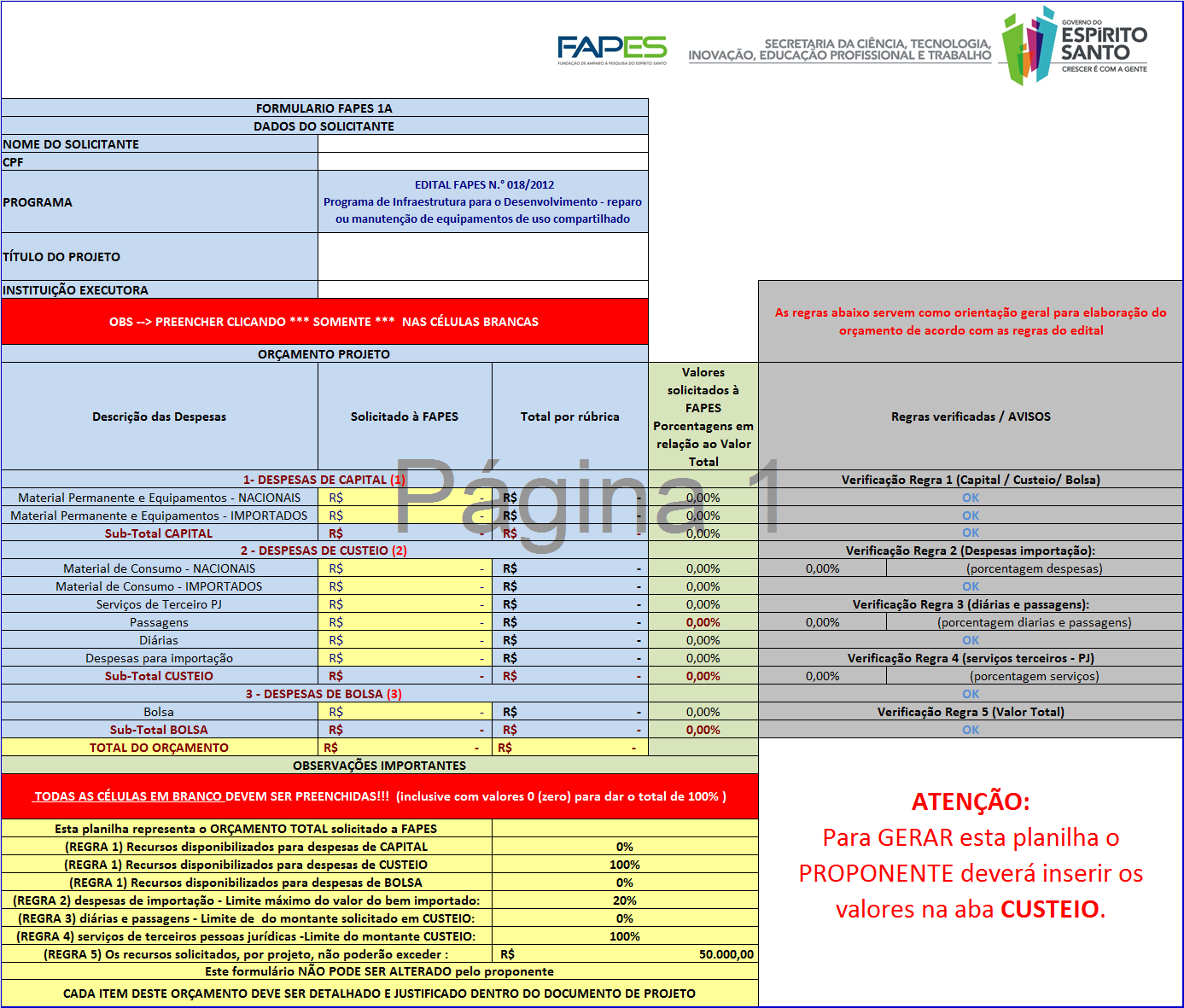 ANEXO II FORMULÁRIO FAPES 1A Planilha Orçamentária