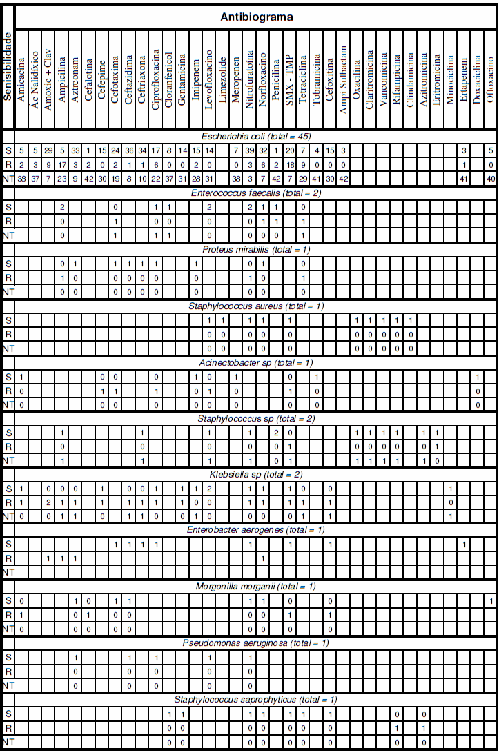 Tabela 01: Antibiograma por microorganismo isolado.