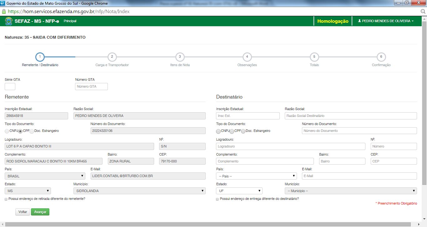 TELA 06.1 Note que os dados do remetente foram importados pelo sistema. Às vezes, nem todos os dados que precisam ser digitados estão no banco de dados, como CEP, por exemplo.