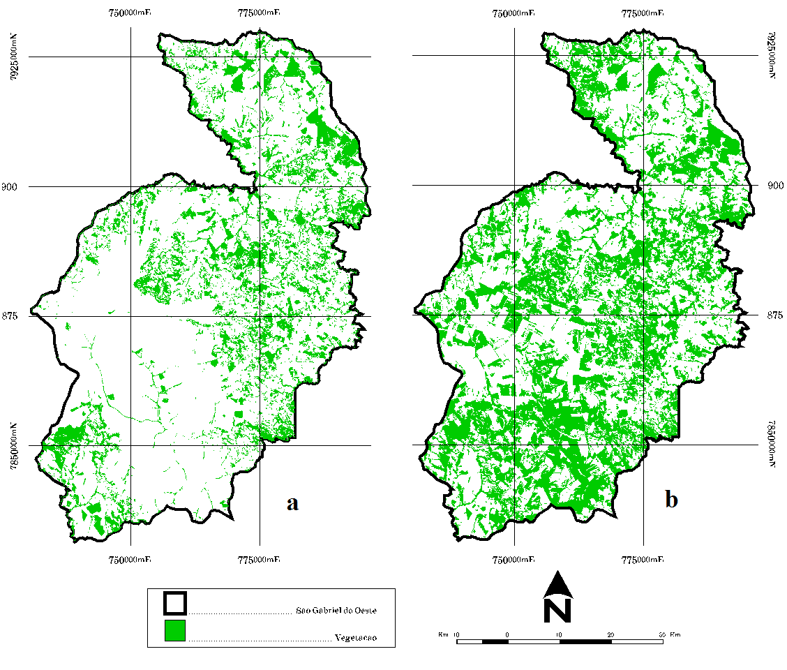 43 Como resultado do agrupamento das classes definidas automaticamente, aproximadamente 159.600 hectares foram classificados como vegetação. Valor superior ao dobro do encontrado para o ano de 1999.