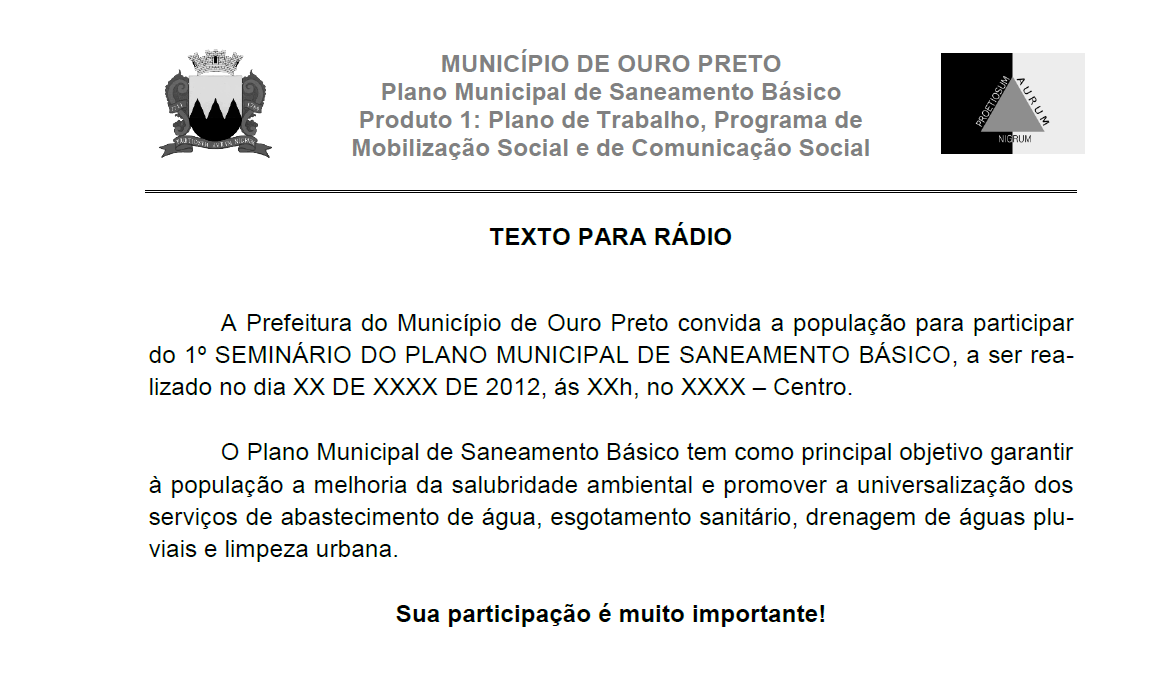 Figura 8 - Modelo de texto para divulgação em Rádio das reuniões públicas do PMSB de Ouro Preto. 4.