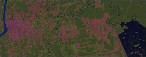 3.2 Métodos Foram realizados três processamentos com objetivos diferentes. 3.2.1 Teste preliminar 1 Utilizou-se uma imagem do landsat ETM 7, da cidade de Porte Velho RO (28/06/2000), com 7879 6959 pixels (colunas linhas), numa composição colorida 5-4-3 (RGB).