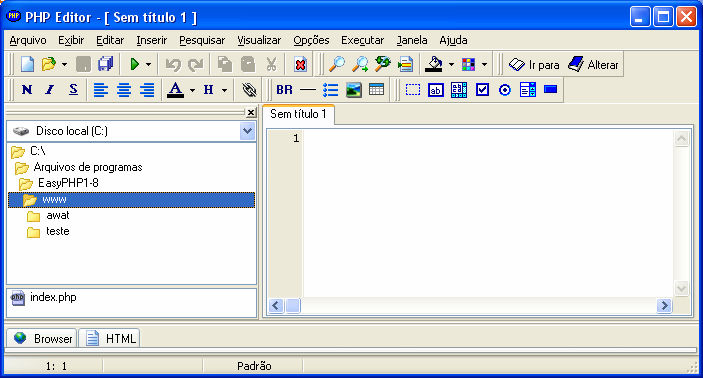 Testando Configuração Os arquivos serão salvos na pasta www do EasyPHP C:\Arquivos de programas\easyphp1-8\www Testando Configuração PHPEditor Iniciar Programas EasyPHP Escrevendo programas php