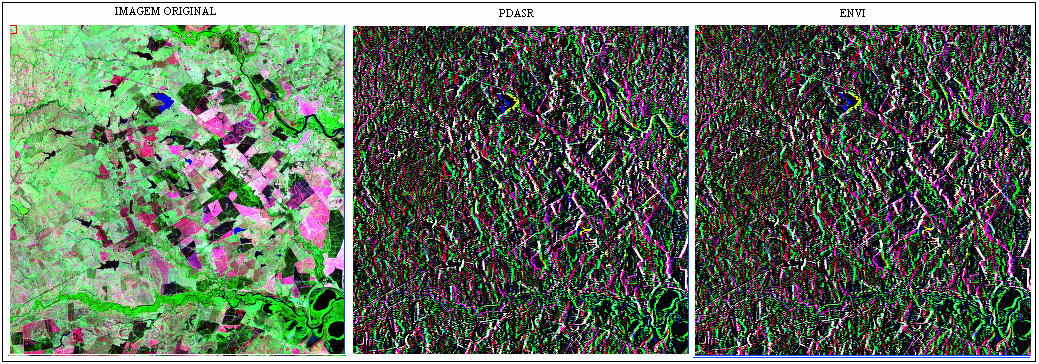 Figura 99 Imagem original e imagens resultantes da aplicação de um filtro de detecção de bordas na PDASR e no software ENVI.