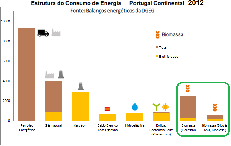 Entre todas as formas de energia (fósseis e renováveis), a biomassa foi, em 2012, a 3ª maior forma de energia utilizada em Portugal A sua expressão e