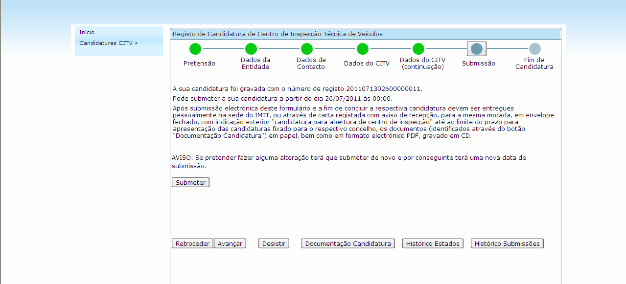 Fig. 9 Exemplo do quinto ecrã do formulário de candidatura (Dados do CITV (continuação)) (Todos os campos identificados com asterisco (*), serão de preenchimento obrigatório.