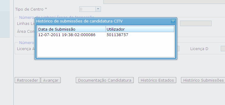 Fig. 4 - Exemplo do ecrã com a apresentação do Histórico Estados de uma candidatura Fig.